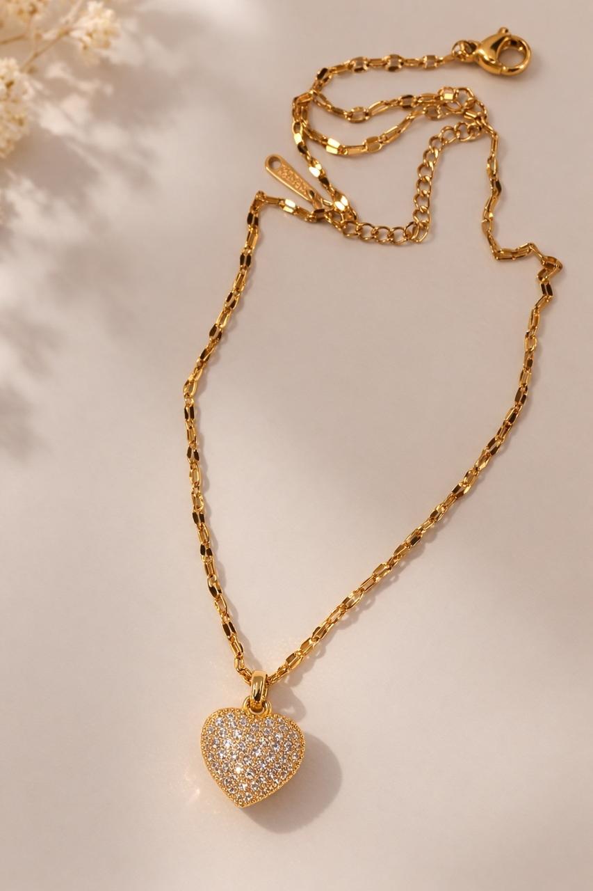 Sparkling Heart Charm Gold Necklace